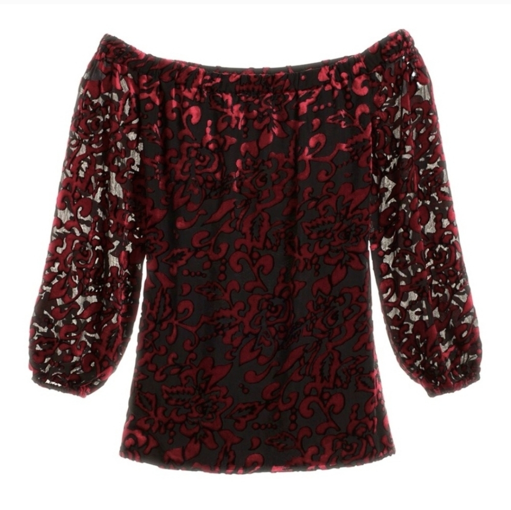 Chico's Black and Red Burn-Out Floral and Scroll Patterned Blouse